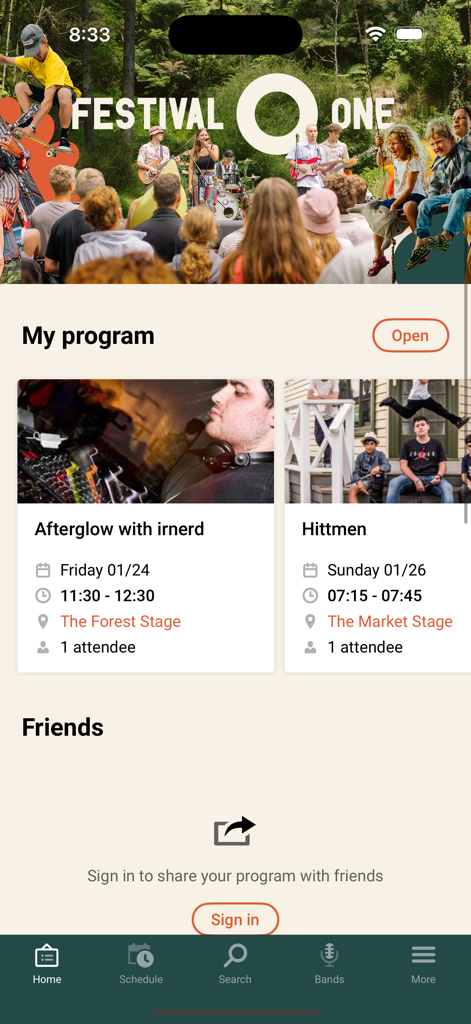 Festival One - Festival One mobile app interface showing a personalized music schedule and options to connect with friends.