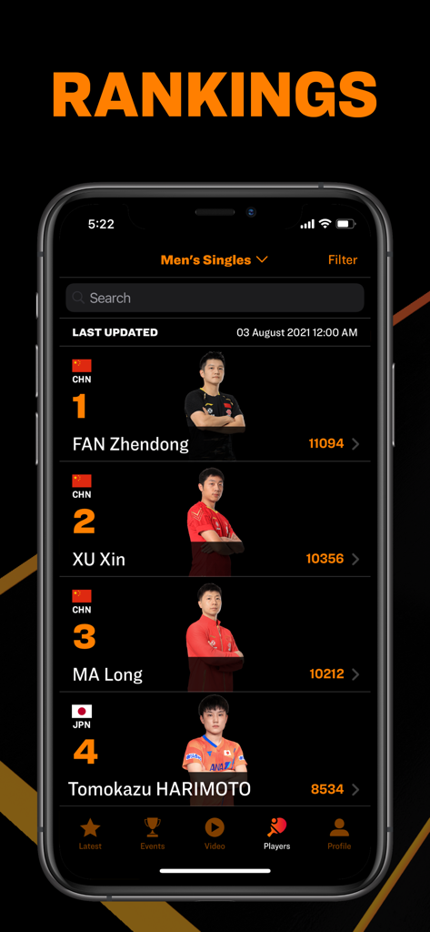Una schermata mobile che mostra le classifiche singolari maschili dell'app World Table Tennis con i migliori giocatori come Fan Zhendong e Xu Xin.