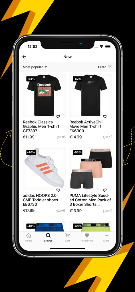 SportSpar International - Interface do aplicativo móvel SportSpar exibindo camisetas de marca e calçados esportivos com desconto