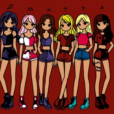a group of girls wearing crop tops and shorts