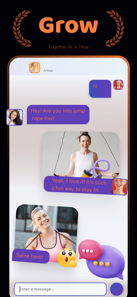 JoKi app social chat interface showing fitness enthusiasts discussing jump rope workouts and sharing photos