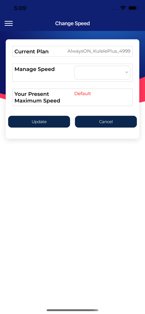 Spectranet Selfcare app change speed interface
