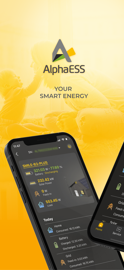 AlphaESS - Pantalla de smartphone que muestra el panel de la aplicación AlphaESS con energía solar y estado de la batería en tiempo real