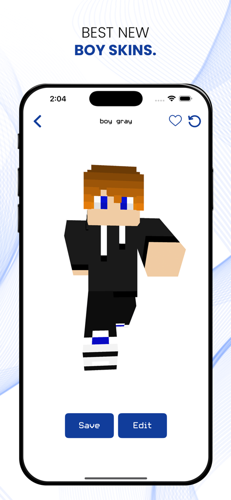Boy Skins for Minecraft PE ! - Mobile app interface showing a 3D preview of a Minecraft boy skin wearing a black hoodie