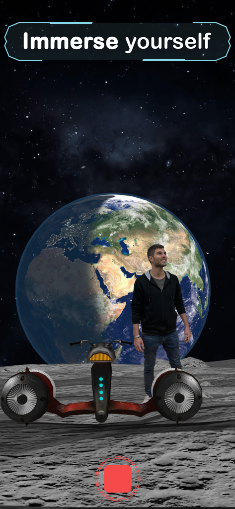 ARvid Augmented Reality - A man in an augmented reality space scene with a futuristic vehicle and Earth in the background