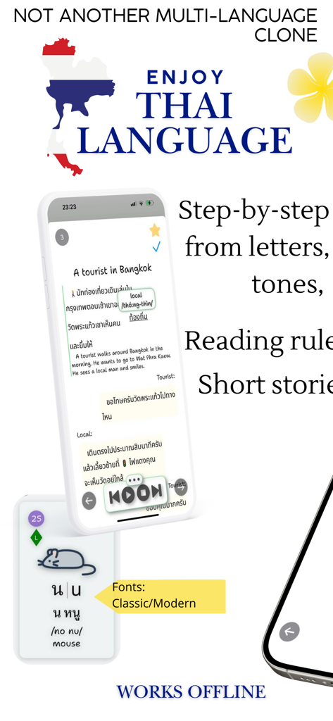 Enjoy Thai Learning - Capture d'écran de l'application Enjoy Thai Learning montrant des leçons sur les tons de l'écriture thaïlandaise et des histoires courtes avec support hors ligne