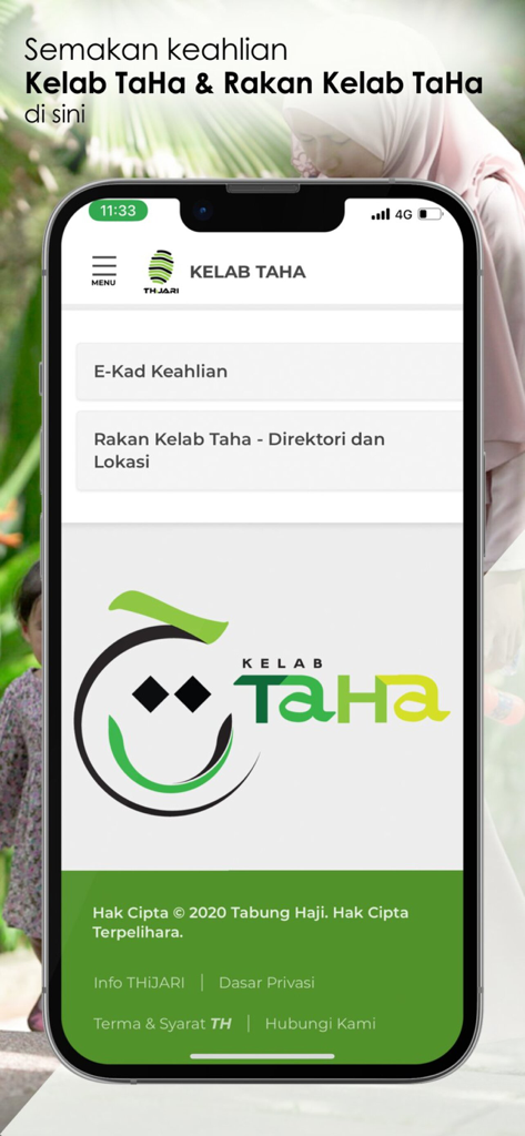 THiJARI-App-Bildschirm, der die Kelab TaHa-Mitgliedschaftsdienste einschließlich E-Card und Partnerverzeichnisoptionen anzeigt