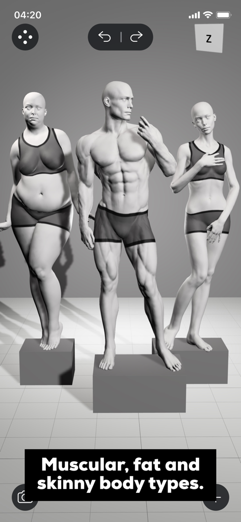 Magic Poser - Art Pose Tool - Three 3D models showing muscular fat and skinny body types in the Magic Poser app interface