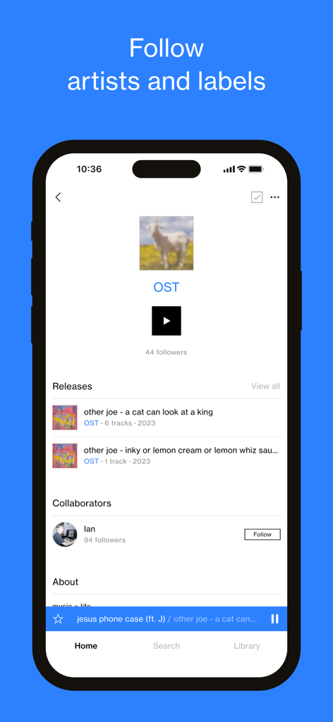 Nina Protocol - Nina Protocol app interface showing an artist profile page with music releases and follow button