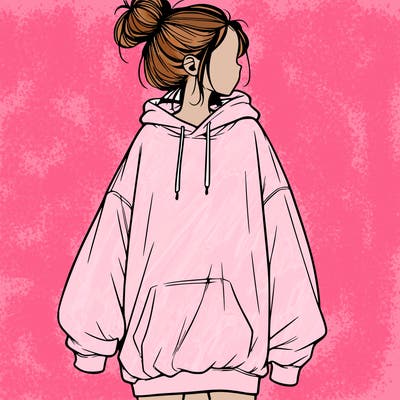 realistic girl with a oversized sweatshirt on and a bun