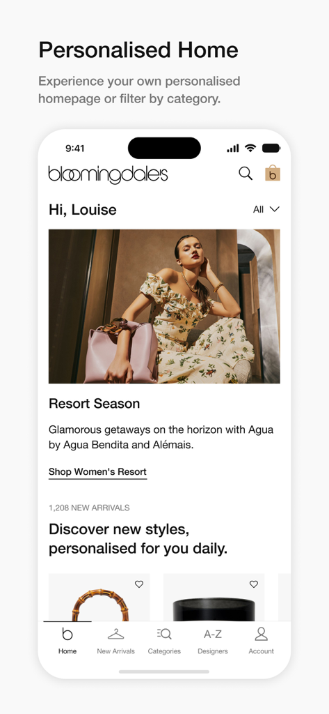 Bloomingdale’s Middle East - ブルーミングデール 中東アプリのパーソナライズされたホームページ。高級ファッションのおすすめを表示。