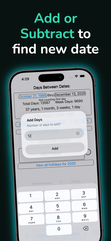 Between Dates Calendar Math - Schermata dello smartphone che mostra la funzione di calcolo aggiungi giorni dell'app Between Dates Calendar Math