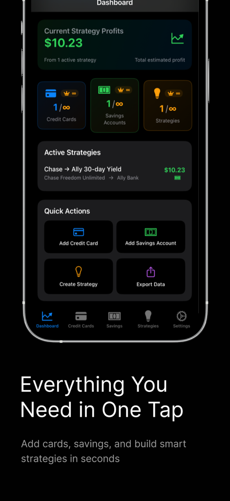Passive Income — ProfitLoop - Tableau de bord de l'application mobile ProfitLoop montrant les profits des stratégies de revenus passifs et les outils d'arbitrage de cartes de crédit.