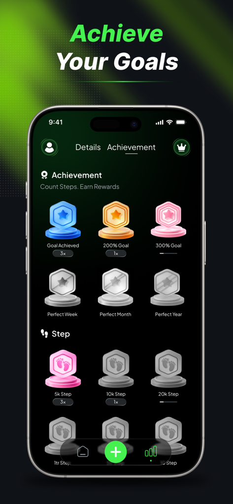 Tela de conquistas mostrando distintivos coloridos de fitness por atingir metas diárias de passos e marcos de atividade no aplicativo Pedômetro