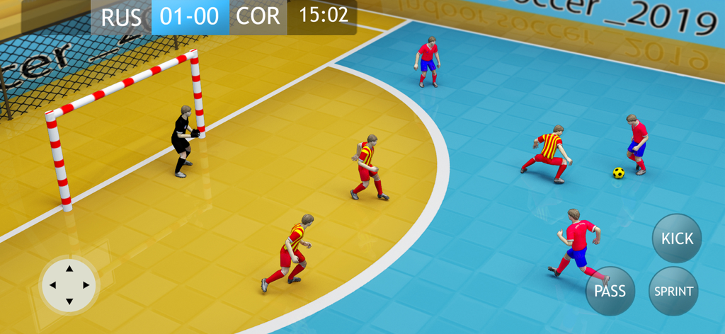 Jugabilidad de Indoor Soccer 2026 Futsal Cup mostrando jugadores en una cancha con controles táctiles y marcador