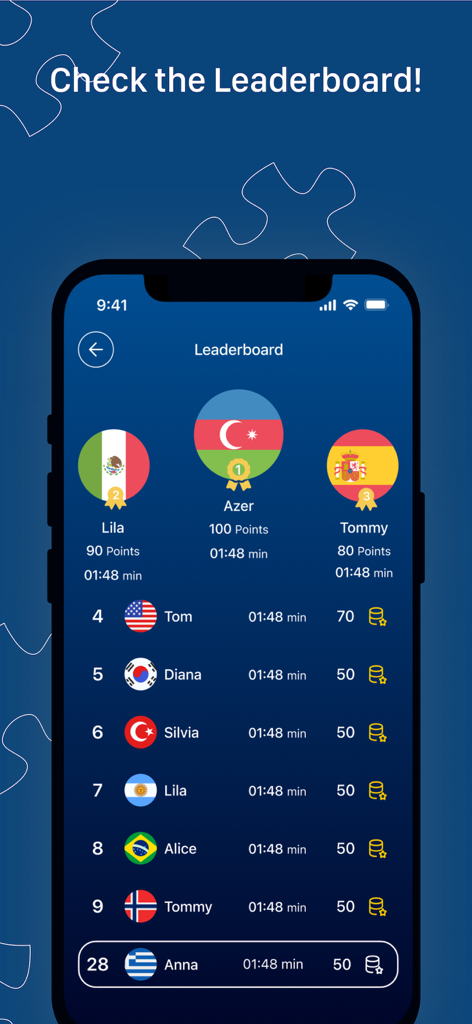 Brainzy - A mobile screen showing the Brainzy app leaderboard with global rankings points and puzzle solving times