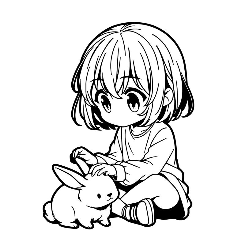 a lil anime girl sitting down criss cross apple sauce petting a bunny
