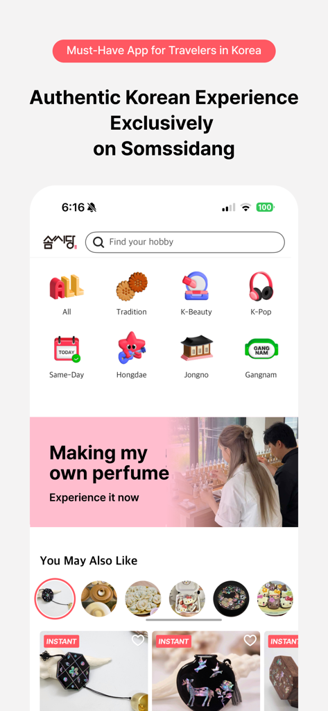 SOMSSIDANG - Experience Korea - The Somssidang app home screen highlighting local Korean activities and workshops.