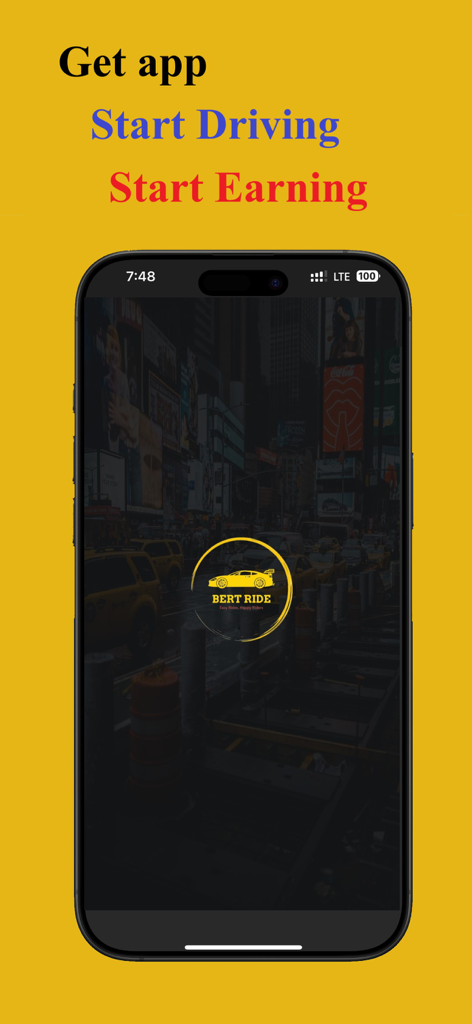 Bert Ride - Pantalla de inicio de la app Bert Ride con indicaciones para conducir y ganar.