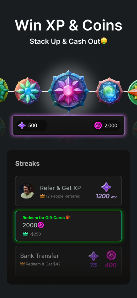 Plutus: Create, Play, Win - Plutus 앱 인터페이스 획득한 XP 및 코인 표시 선물 카드 및 은행 송금을 통한 현금 인출 옵션 포함