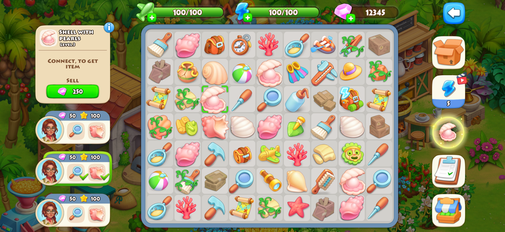A merge puzzle board in Lost Island Family Farm Game showing various tropical items like shells and tools on a grid.