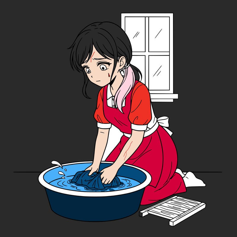 a  girl (sad) washing a boys shirt (anime)