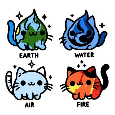 4 cats that represent the different elements, earth, water, air, and fire
