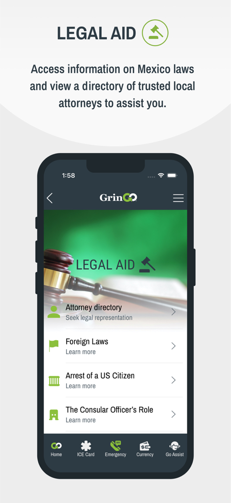 GrinGO App screen showing legal aid resources for US citizens including Mexico laws and attorney directory