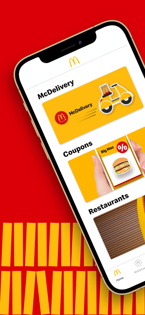 iPhone screen displaying the McDonald's app home page with sections for McDelivery, coupons, and restaurant locations