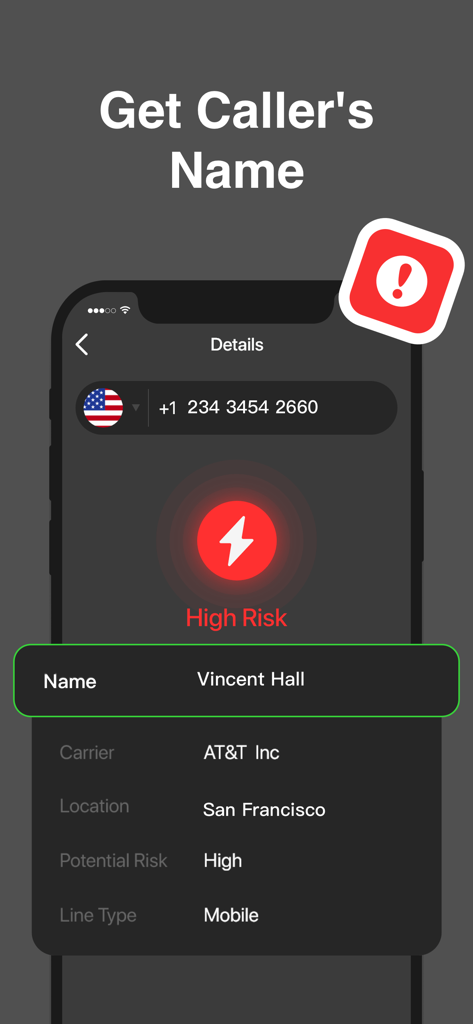 Mobile app interface showing name, location, and high risk level of an unknown caller
