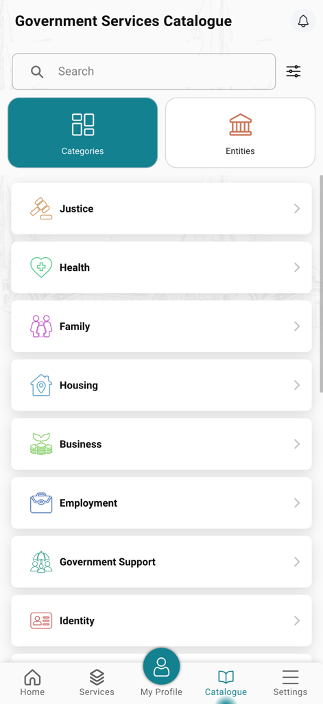 MyGov - Bahrain - 정의, 건강 및 가족과 같은 카테고리를 나열하는 MyGov 바레인 앱의 정부 서비스 카탈로그 화면