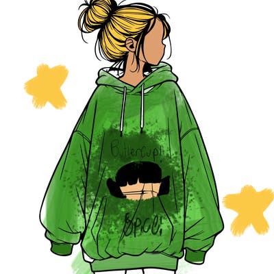 realistic girl with a oversized sweatshirt on and a bun