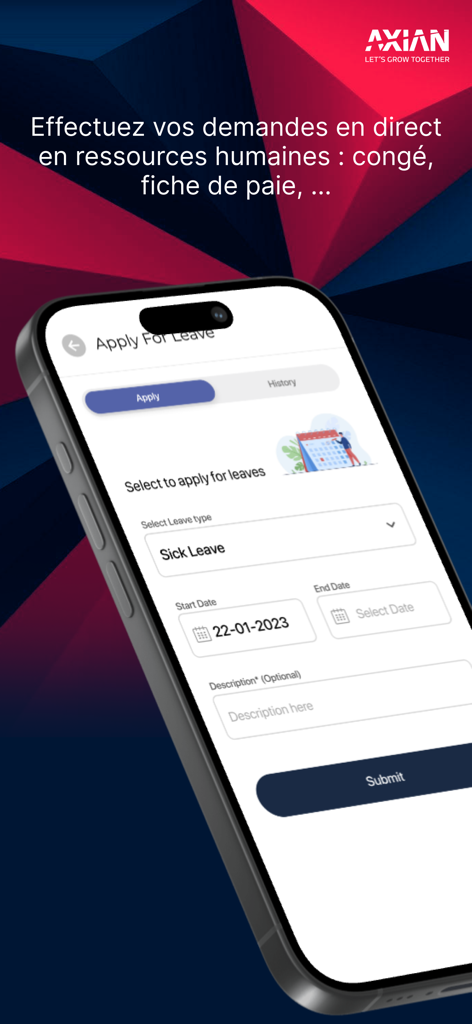 My AXIAN HR - Interface de l'application My AXIAN HR montrant le formulaire de demande de congé avec les options de type de congé et de dates
