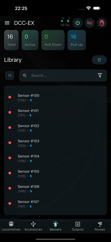 Interface of the DCC-EX Cab app showing a list of active model railroad sensors and their current status