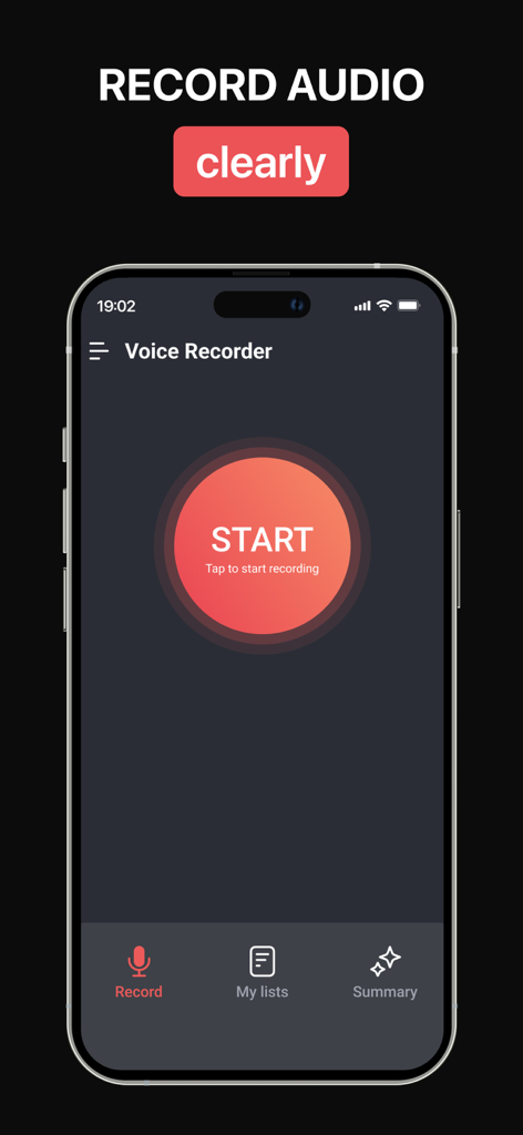 Audio Recorder & Voice To Text - AudiSum app screen showing a large start button to record audio clearly