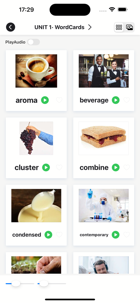 4000 Essential English Words ⑸ - Captura de pantalla de una aplicación de aprendizaje de inglés que muestra tarjetas de vocabulario con imágenes y botones de audio para palabras como 'aroma' y 'beverage'