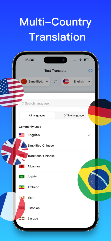 Smartphone screen showing a multi-country language selection list with flags in the Translator app