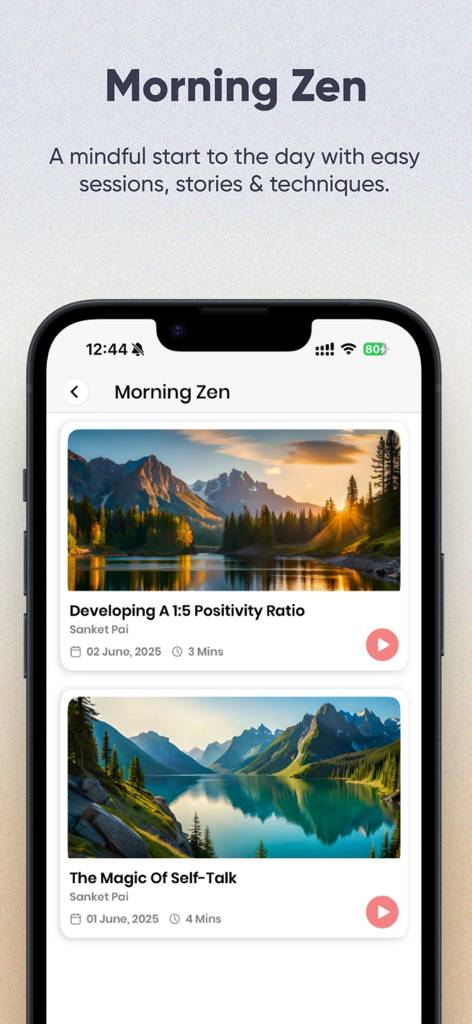 ThinkRight: Meditation & Sleep - Morning Zen screen in the ThinkRight app featuring guided meditation sessions for a mindful start to the day