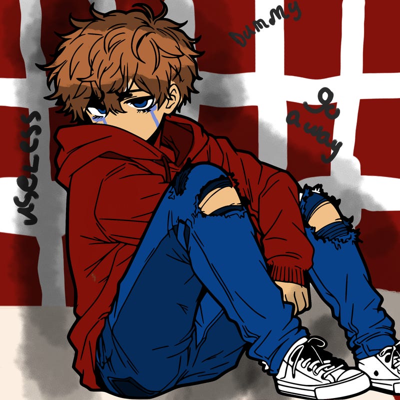 a male hoddie ripped jeans messy hair anime