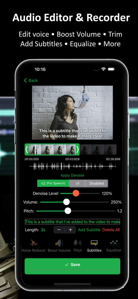 Pantalla de smartphone mostrando la interfaz de la aplicación ByeNoise para editar audio de video y agregar subtítulos