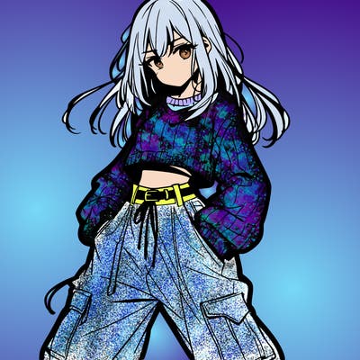 anime teen girl with baggy pants and crop top with sweater