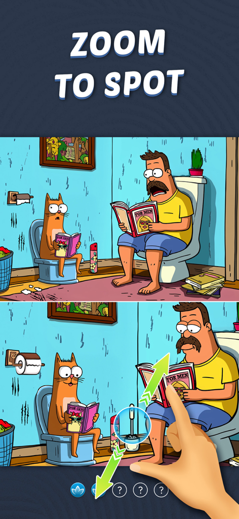 Find & spot the difference - Eine Hand nutzt die Zoomfunktion, um ein verstecktes Detail in einer Cartoon-Badezimmerszene zu finden.