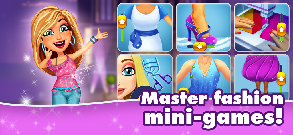 Angela presenting various fashion-themed mini-games like sewing and makeup.