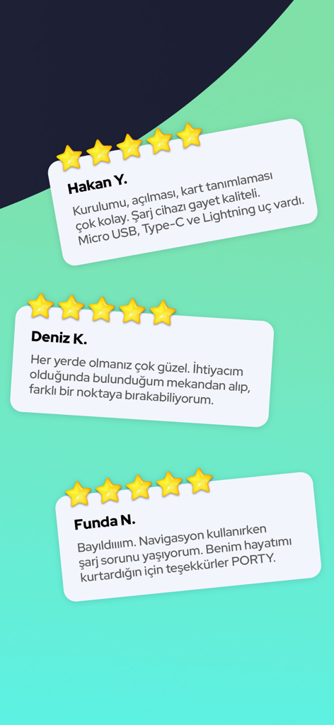 Positive user reviews and five star ratings for the Porty powerbank sharing app