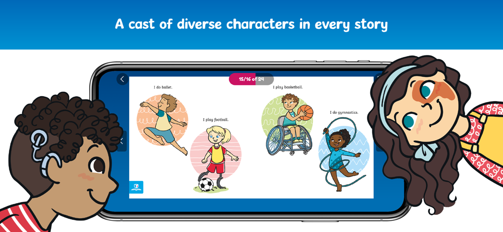 Twinkl Originals - Twinkl Originals app interface showing diverse and inclusive children characters in a storybook.