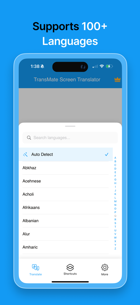 TransMate - Screen Translator - TransMate 앱 인터페이스에서 화면 번역을 위해 지원되는 100개 이상의 언어 목록을 보여주는 모습
