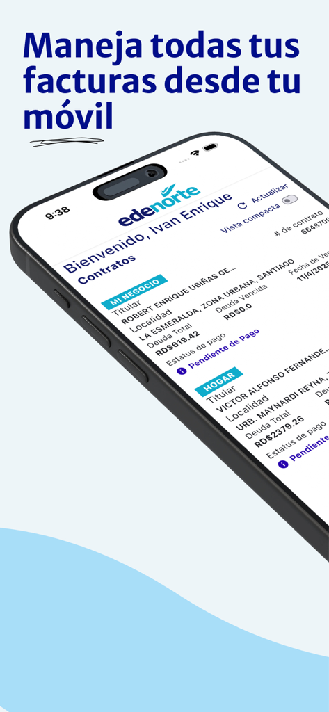 Edenorte - Edenorte mobile app interface showing a list of electricity billing contracts for business and home