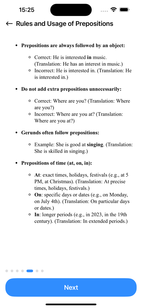 English Grammar Practice Skill - Pantalla educativa que muestra reglas y ejemplos de uso de preposiciones en inglés.
