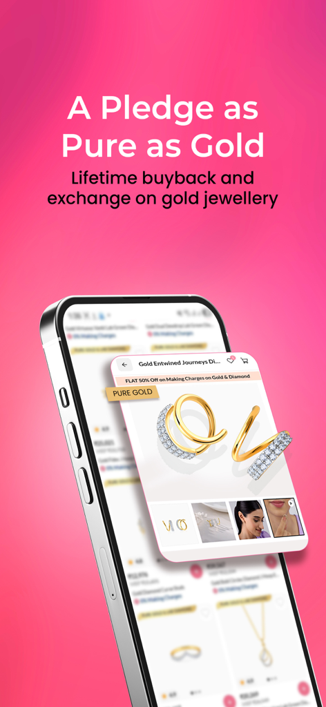 GIVA: Silver & Gold Jewellery - Tela do aplicativo GIVA com joias de ouro puro e informações de recompra vitalícia.