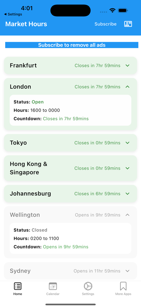 Interface do aplicativo Easy Forex Hours mostrando horários e status de abertura do mercado global